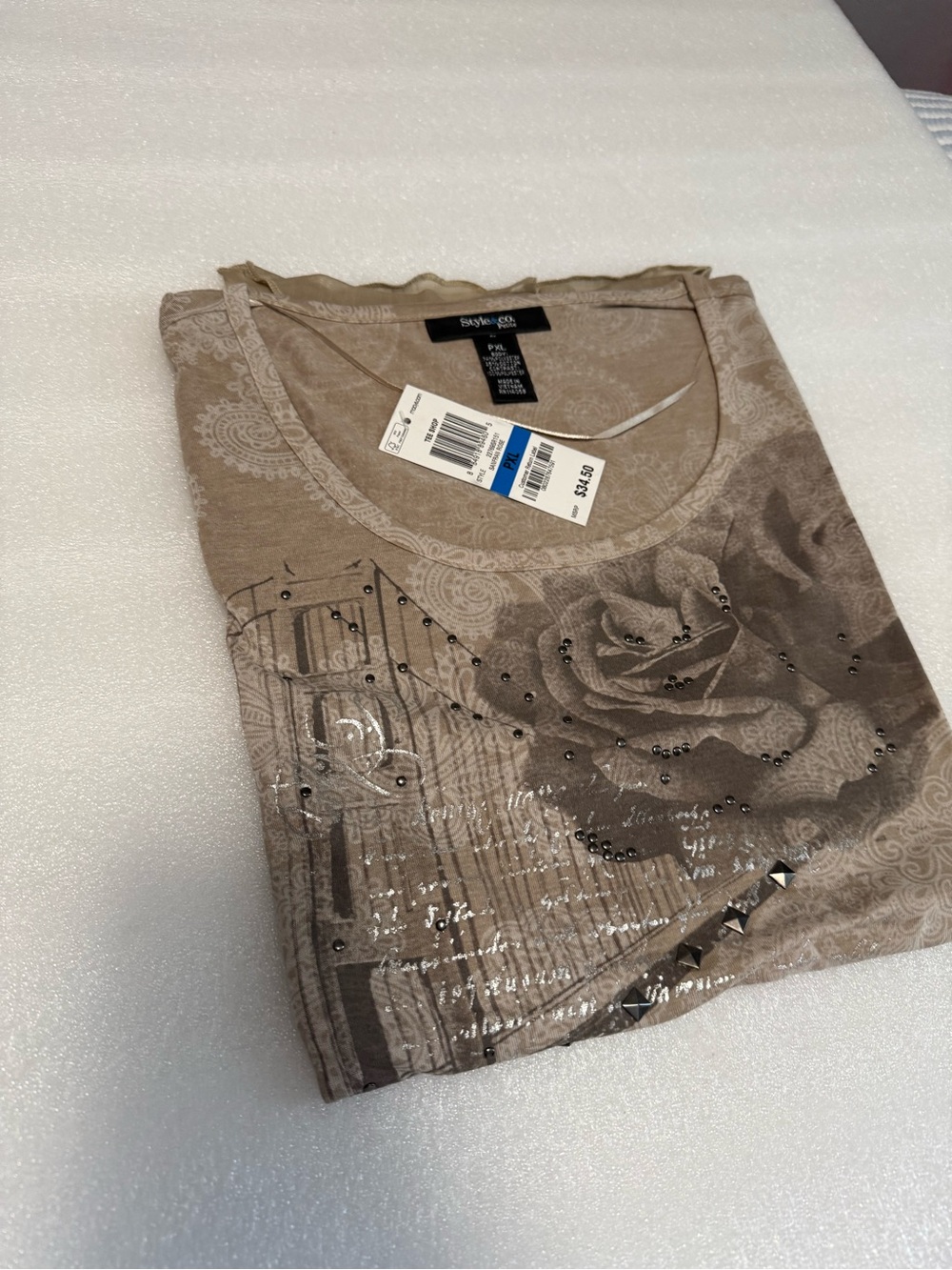 Style & Co. Petite Taupe Rose Print Tee with Stud Detail